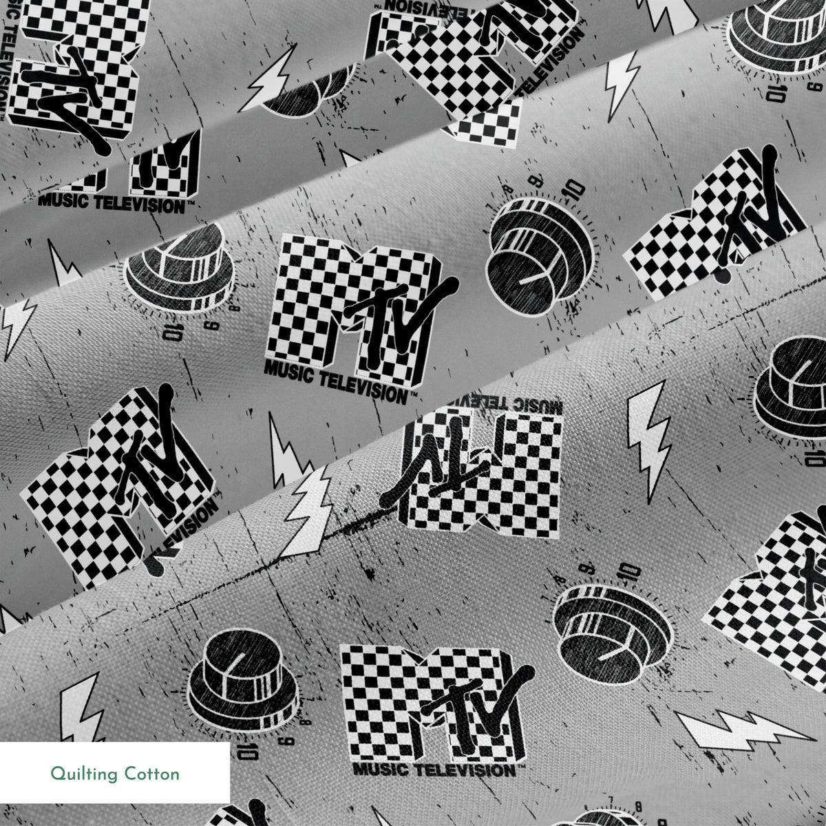 Motorsport pattern with checkered racing flags, lightning bolts, and helmets on gray background springs quiltingcotton texture
