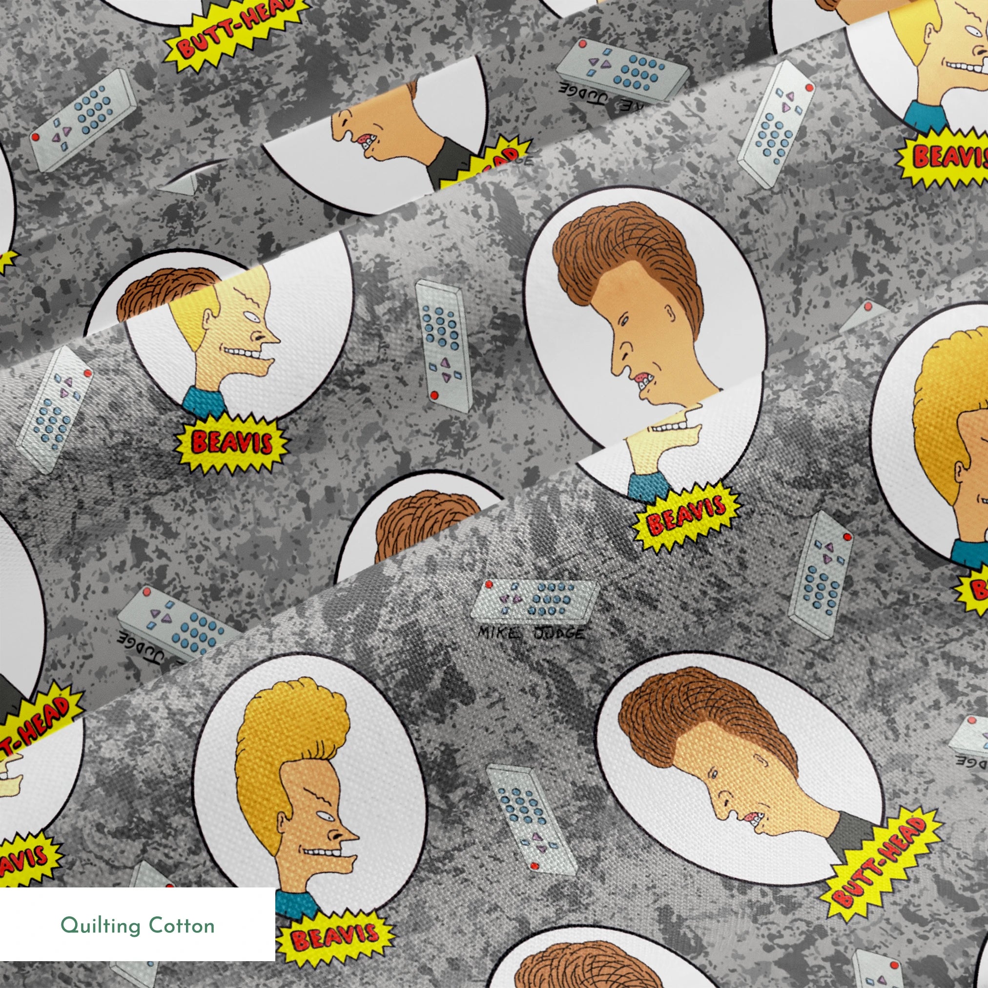 Cartoon pattern with blond and brown-haired animated characters in circular frames against a gray background with comic-style text bubbles. springs quiltingcotton texture