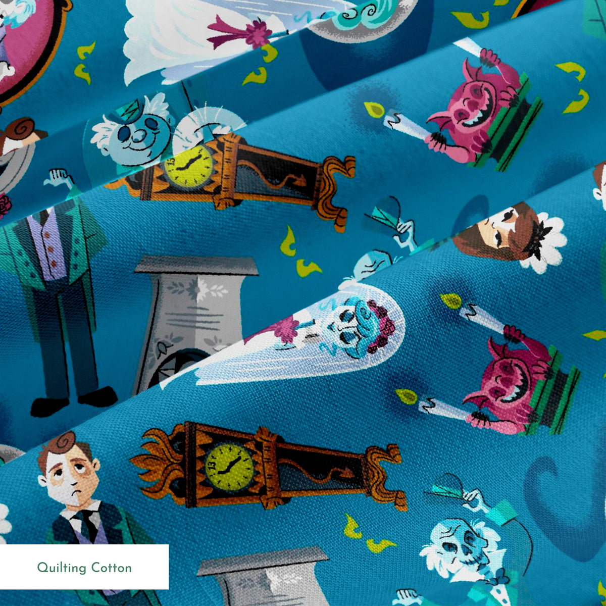 Haunted Mansion themed pattern with cartoon ghosts, portraits, coffins, and spooky elements on teal background springs quiltingcotton texture