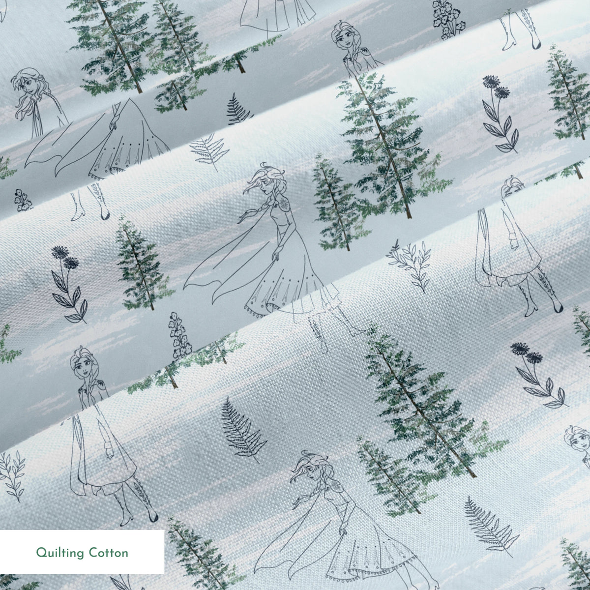 Pale blue pattern with delicate line drawings of pine trees, Elsa, and Anna across a wintry landscape springs quiltingcotton texture