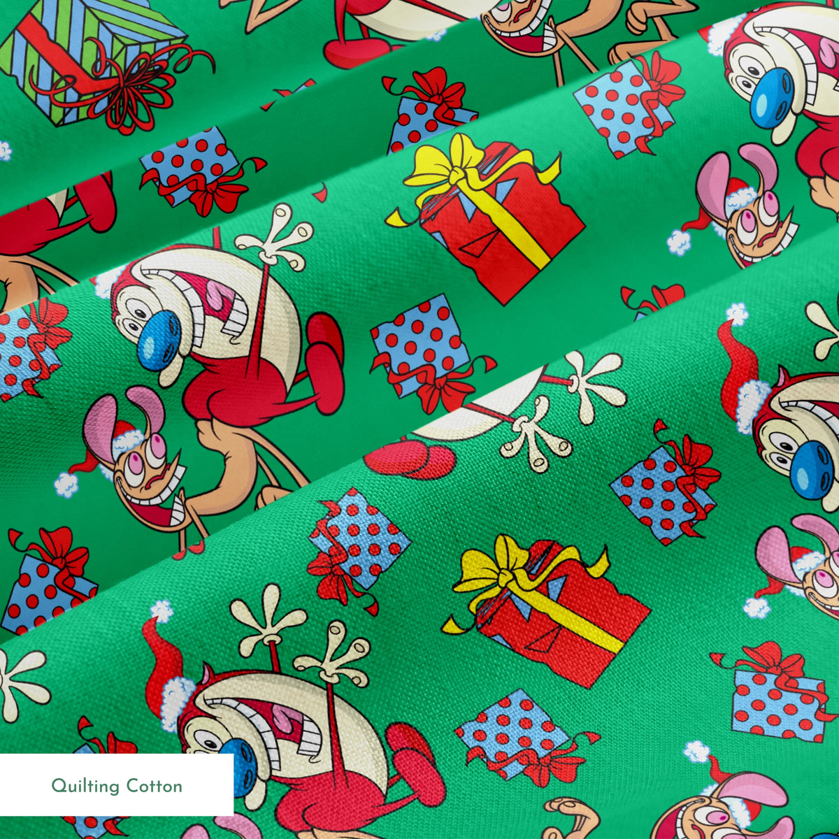 Whimsical cartoon Christmas pattern with elves, Santa figures, and colorful gifts on green background springs quiltingcotton texture