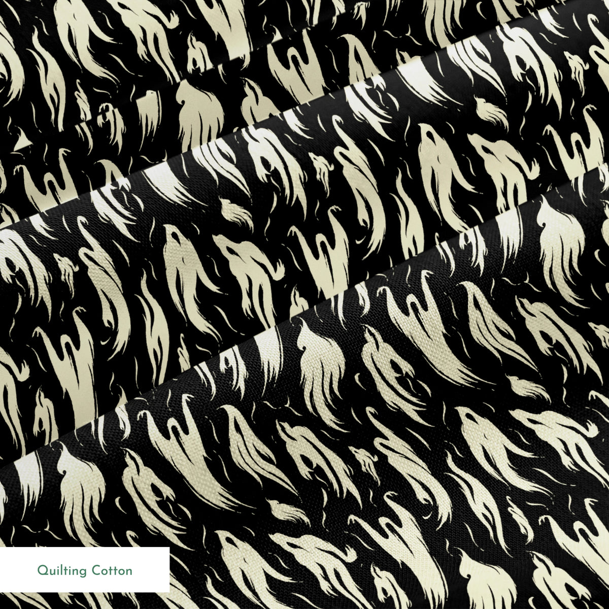 Abstract ghost-like shapes in pale cream swirling against a black background in a repeating pattern springs quiltingcotton texture