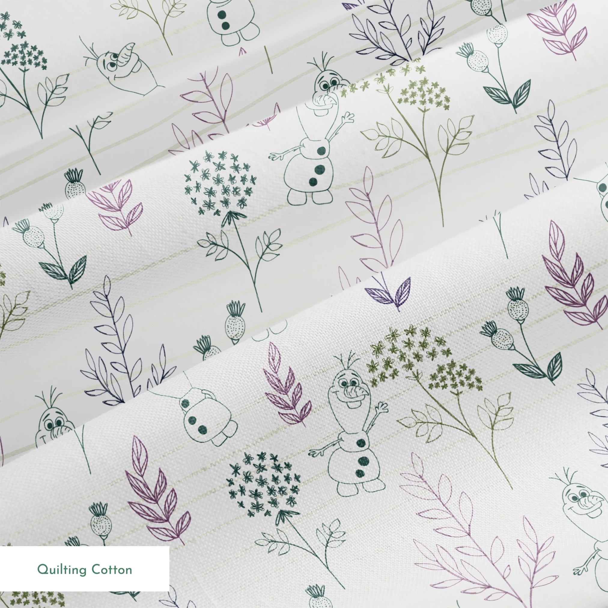 Pattern of sketched botanical elements, flowers, and Olaf on a lined background in soft greens and purples springs quiltingcotton texture