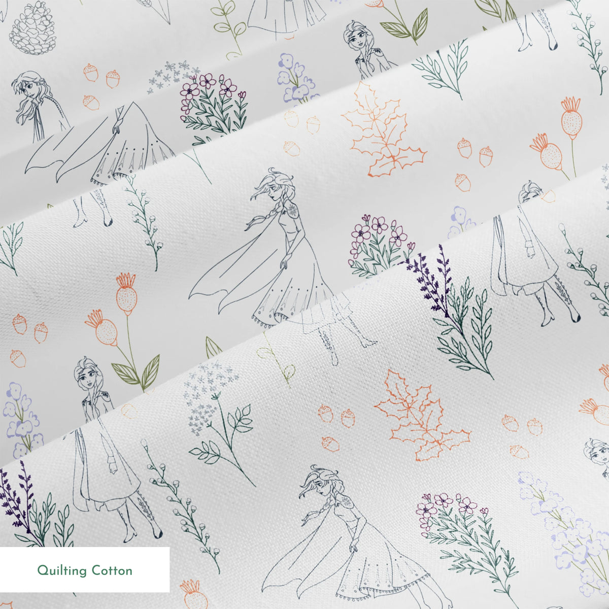 Delicate line drawing pattern of Elsa and Anna among botanical illustrations and flowers in soft colors springs quiltingcotton texture