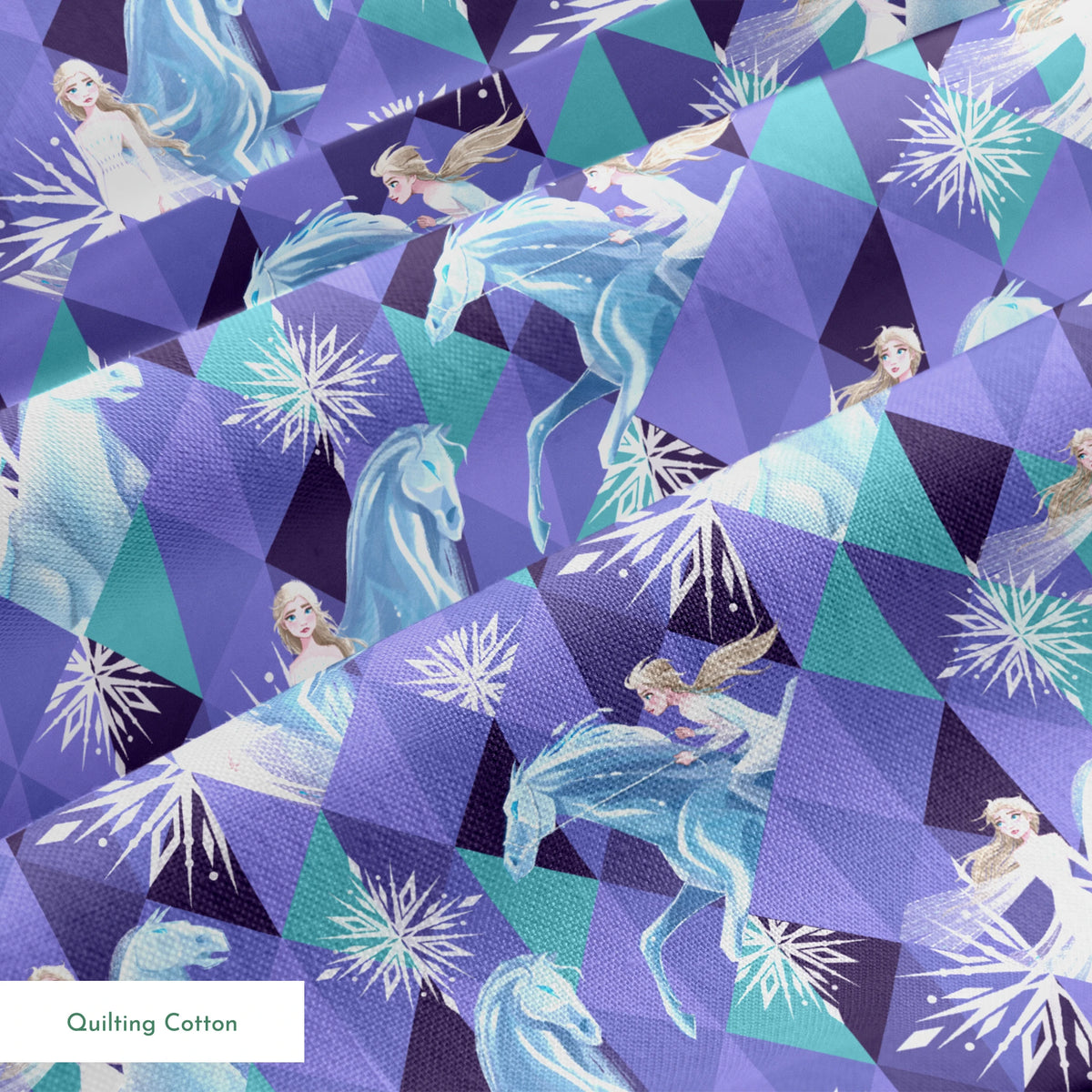 Disney's Frozen pattern with Elsa on horses against purple geometric background with snowflakes springs quiltingcotton texture