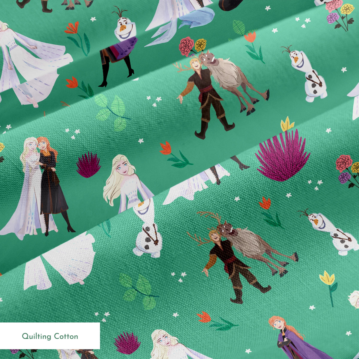 Pattern of animated characters from Frozen including Olaf the snowman, characters in formal attire, and colorful flowers on a green background. springs quiltingcotton texture