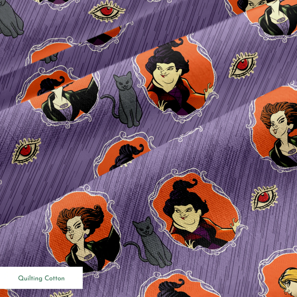 Purple background pattern with illustrated cartoon characters, black cats, and eye symbols in orange circular frames springs quiltingcotton texture