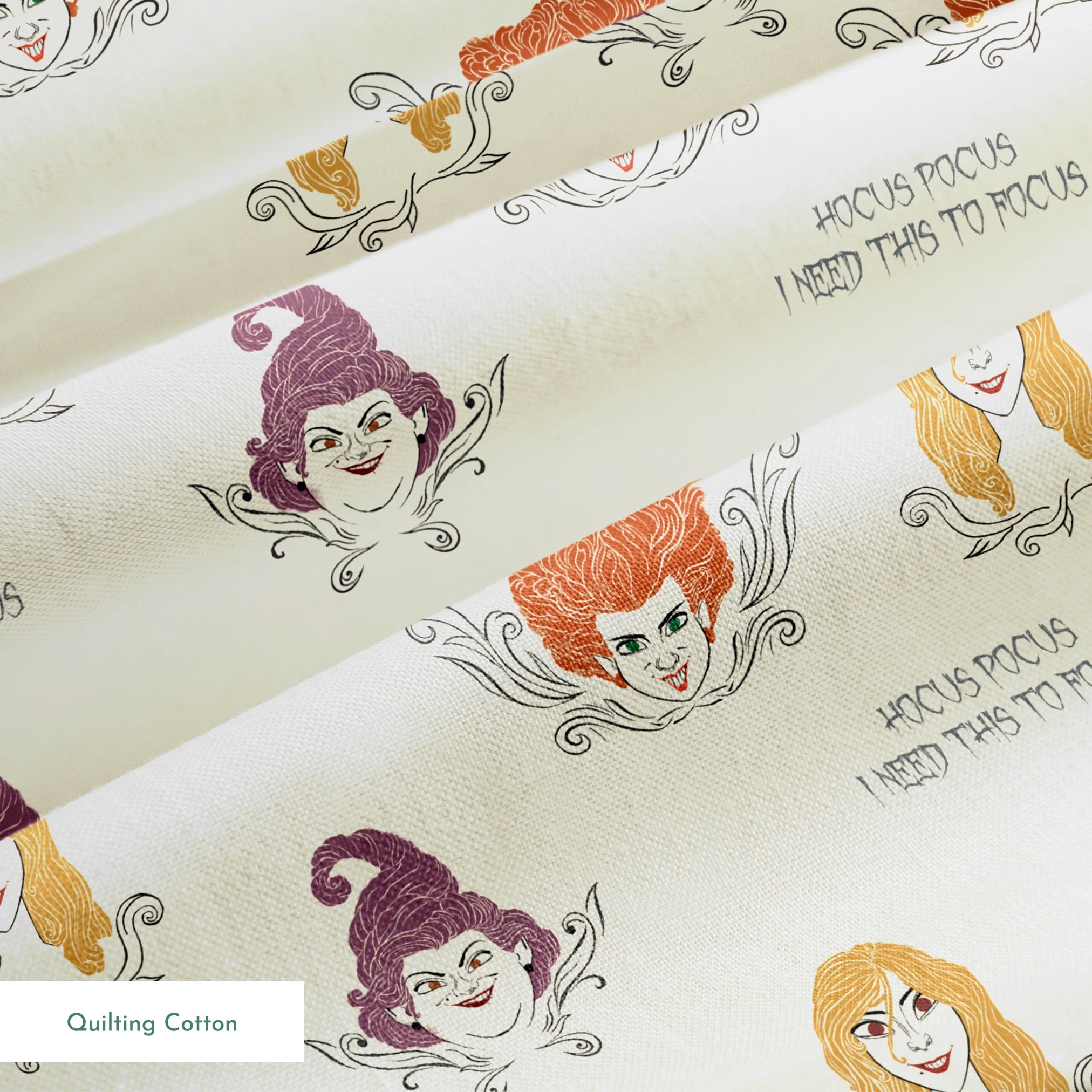 Pattern of illustrated magical characters with orange, blonde and purple hair on cream background with "Hocus Pocus" text springs quiltingcotton texture