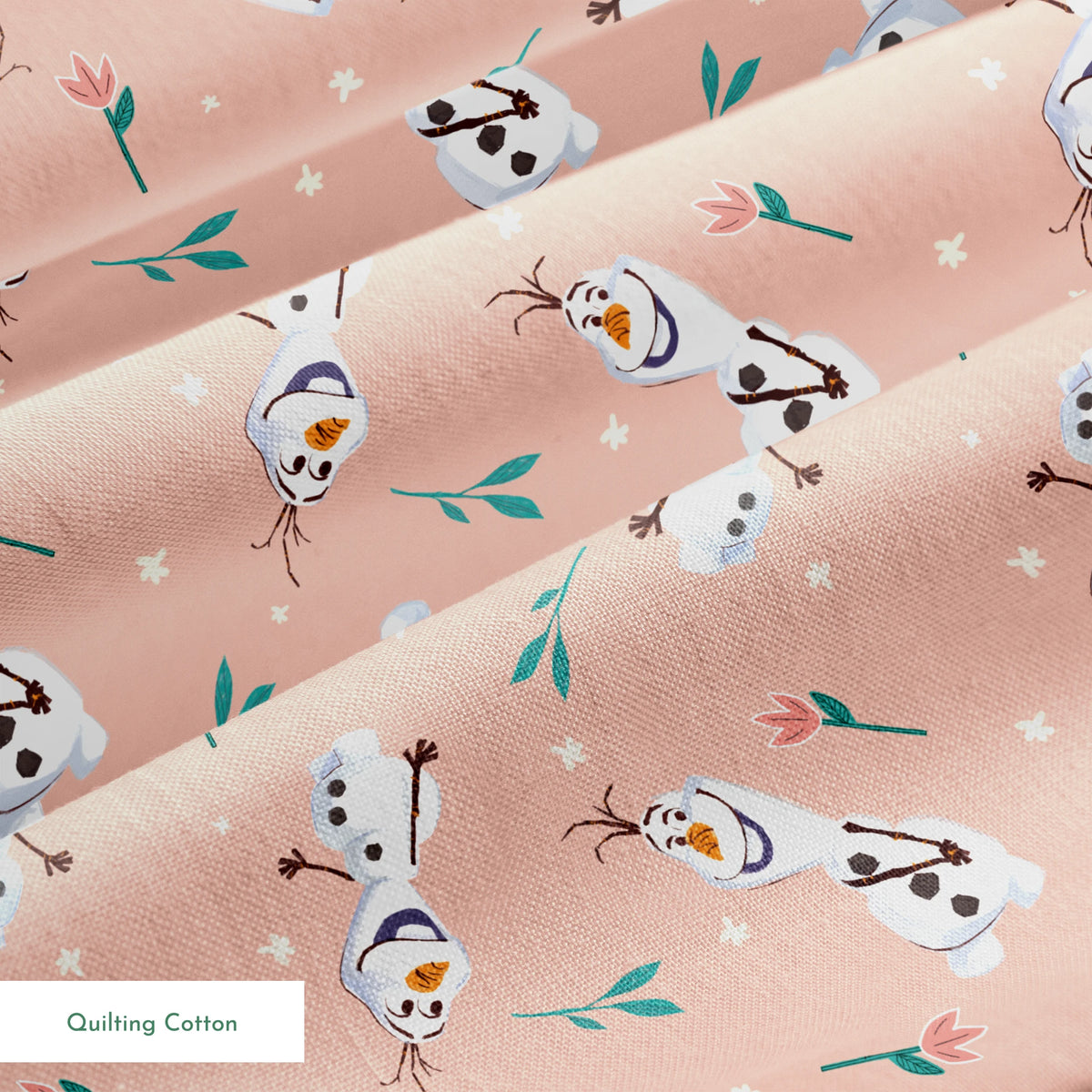 Playful pattern of Olaf scattered with green leaves on a peachy pink background springs quiltingcotton texture