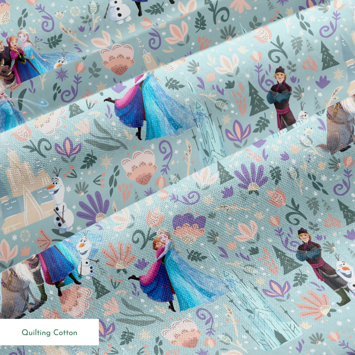 Frozen-themed pattern with the iconic characters, snowmen, flowers, and swirls on a light blue background springs quiltingcotton texture