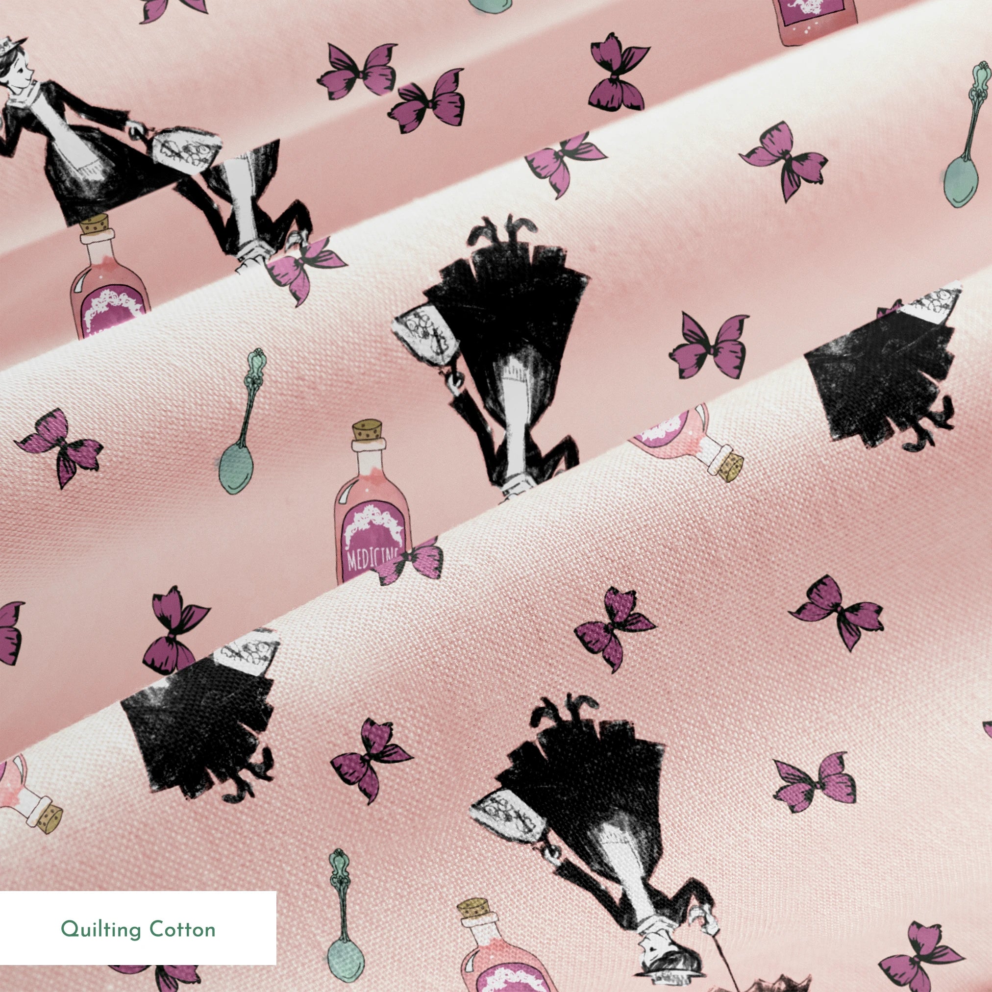 Whimsical illustration on pink background featuring Mary Poppins, purple bottles, and floating bows springs quiltingcotton texture