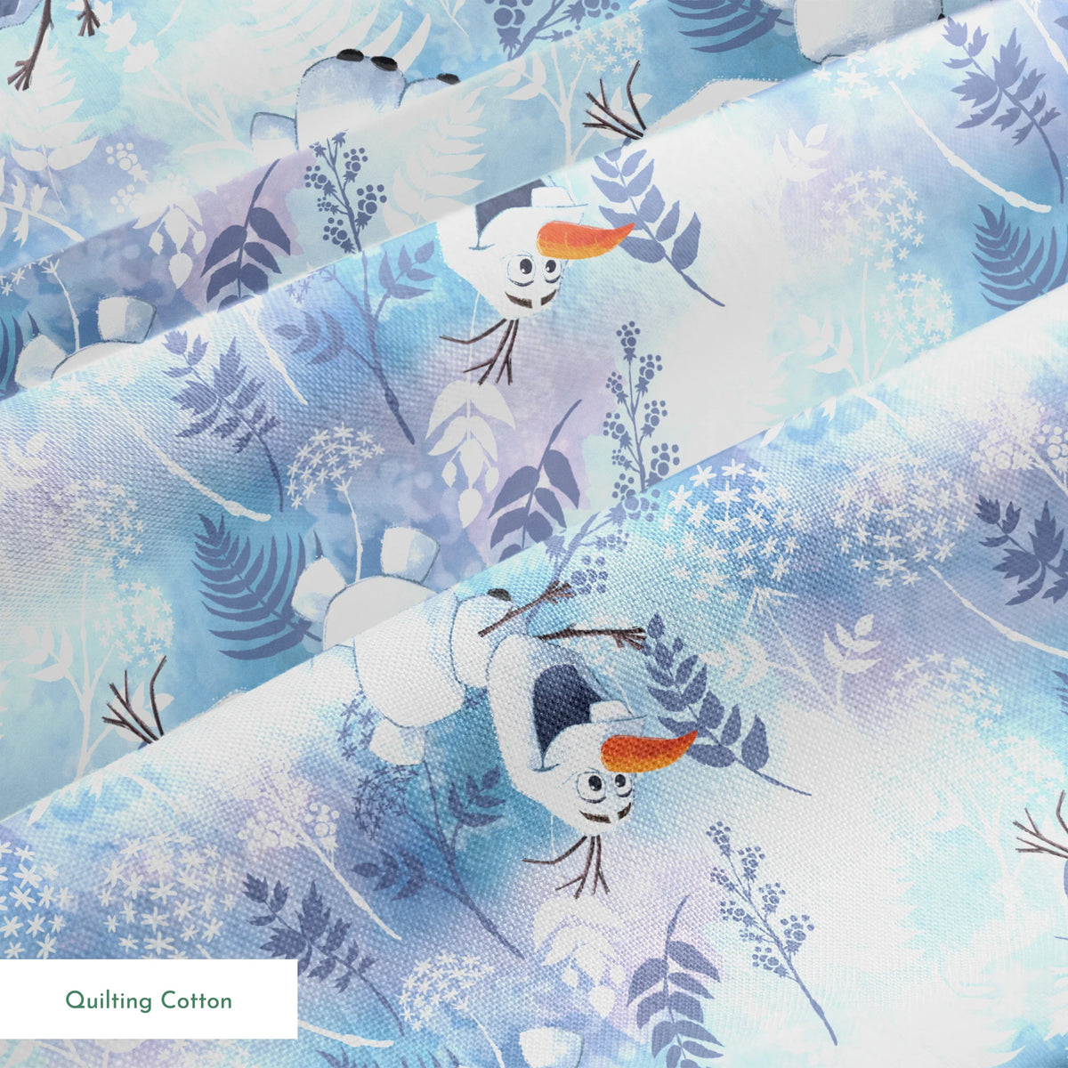 Cheerful Olaf playing among delicate ferns and snowflakes on a light blue background springs quiltingcotton texture