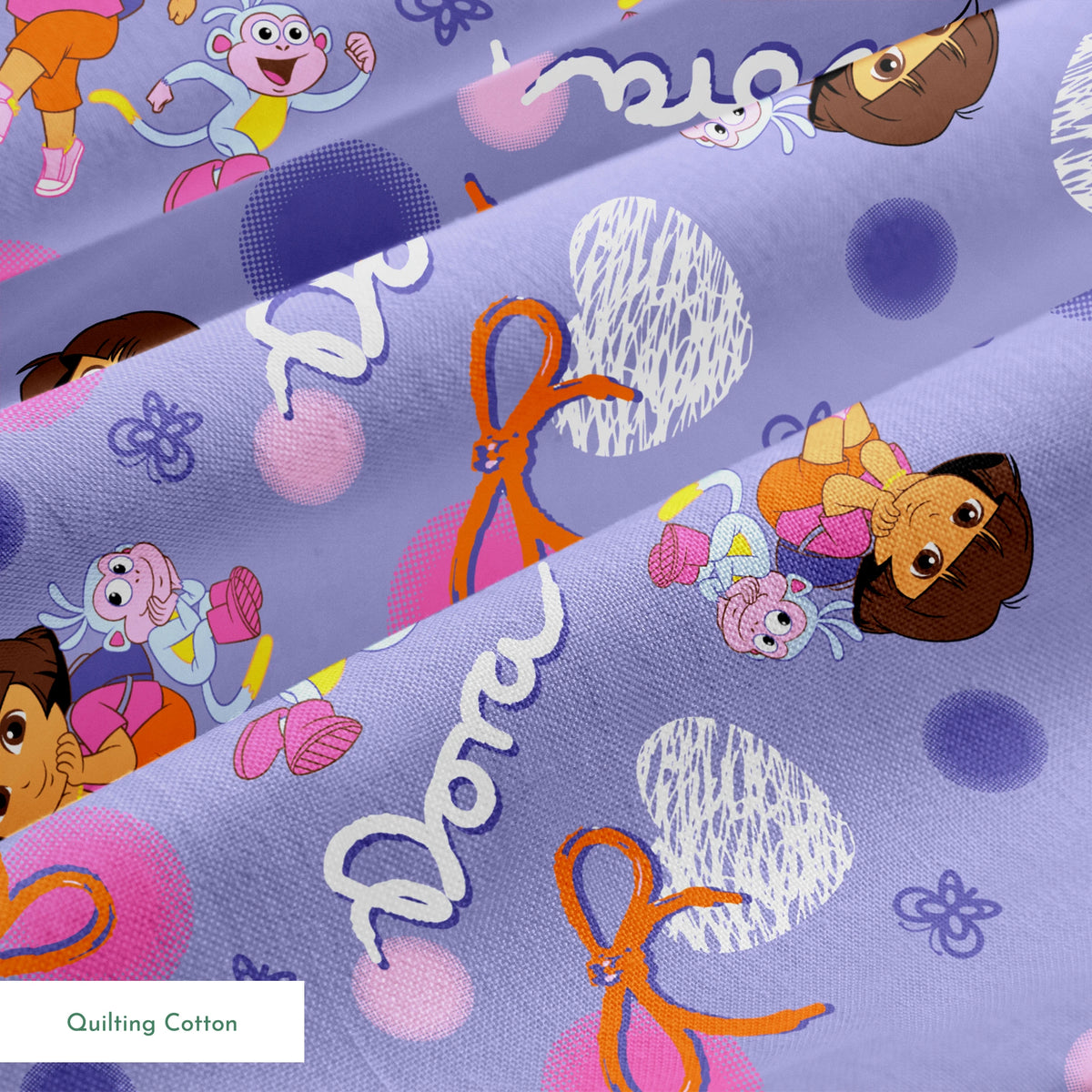 Cartoon pattern featuring Dora the Explorer, Boots the monkey, and other characters on purple background with bows and clouds. springs quiltingcotton texture
