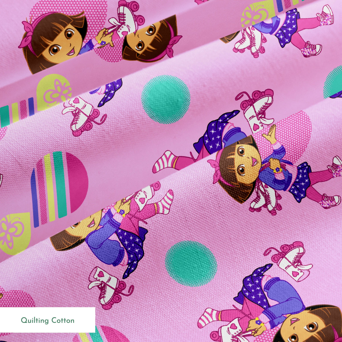 Dora the Explorer pattern with purple background, colorful polka dots and striped shapes springs quiltingcotton texture
