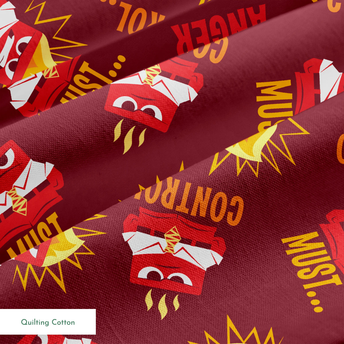 Red background pattern with Anger from Inside Out, explosions, and words "MUST... CONTROL... ANGER springs quiltingcotton texture