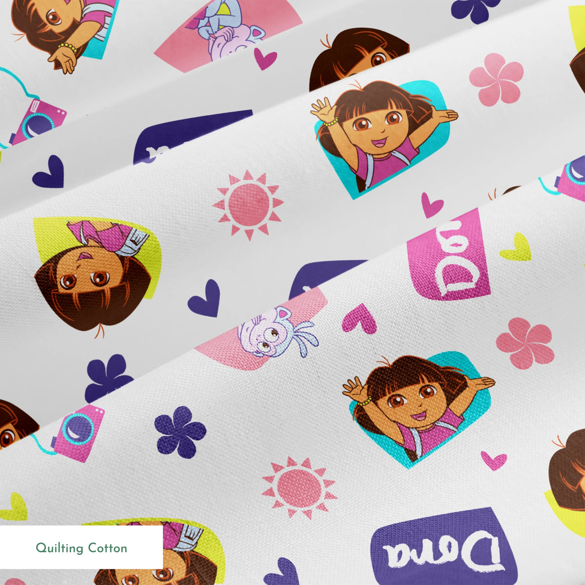 Cartoon pattern featuring Dora the Explorer characters, purple logos, pink hearts, and flowers on white background. springs quiltingcotton texture