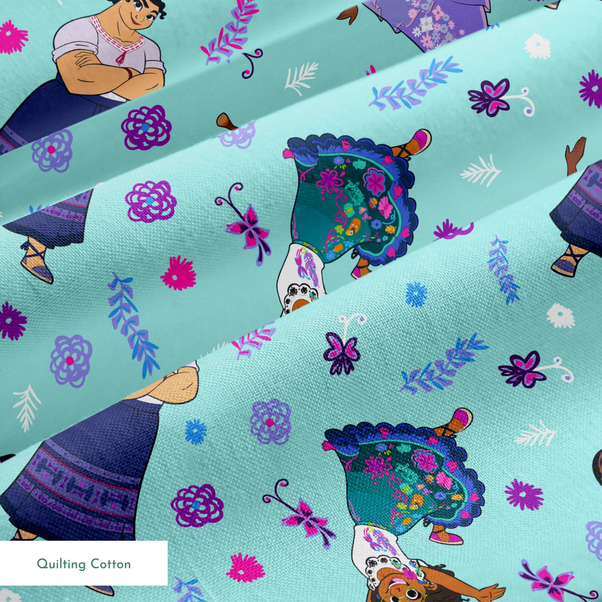 Colorful pattern with figures in traditional clothing, butterflies, and floral elements on teal background springs quiltingcotton texture