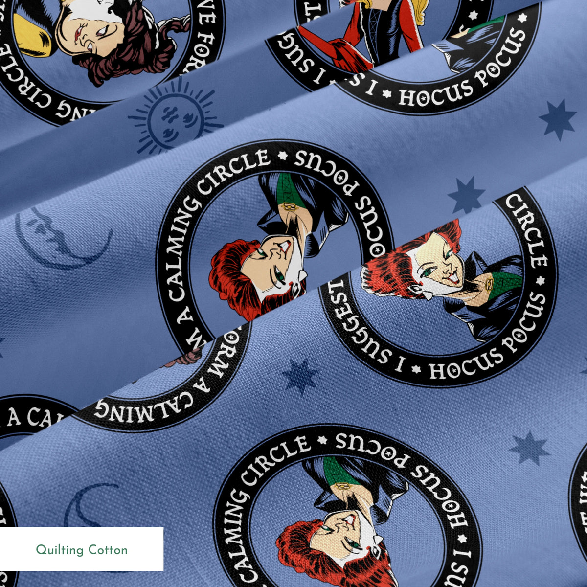 Cartoon witches in circular emblems with "Hocus Pocus" text on blue background with stars springs quiltingcotton texture