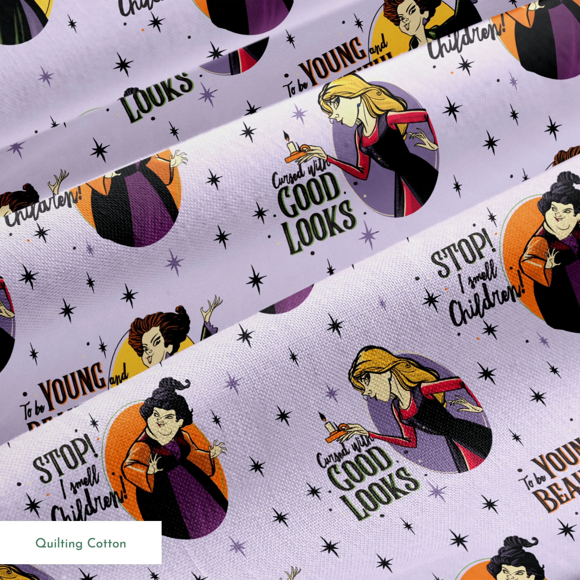 Disney villains pattern with circular portraits on purple starry background featuring animated characters and quote catchphrases springs quiltingcotton texture
