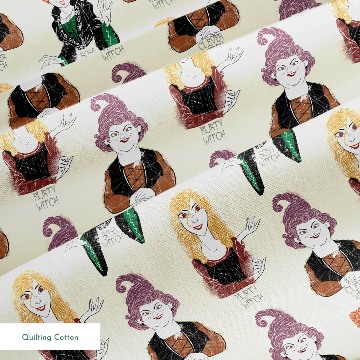 Pattern of illustrated witch characters with different styling - purple hat witch, green-dressed witch, and blonde witch with varying colors and poses springs quiltingcotton texture