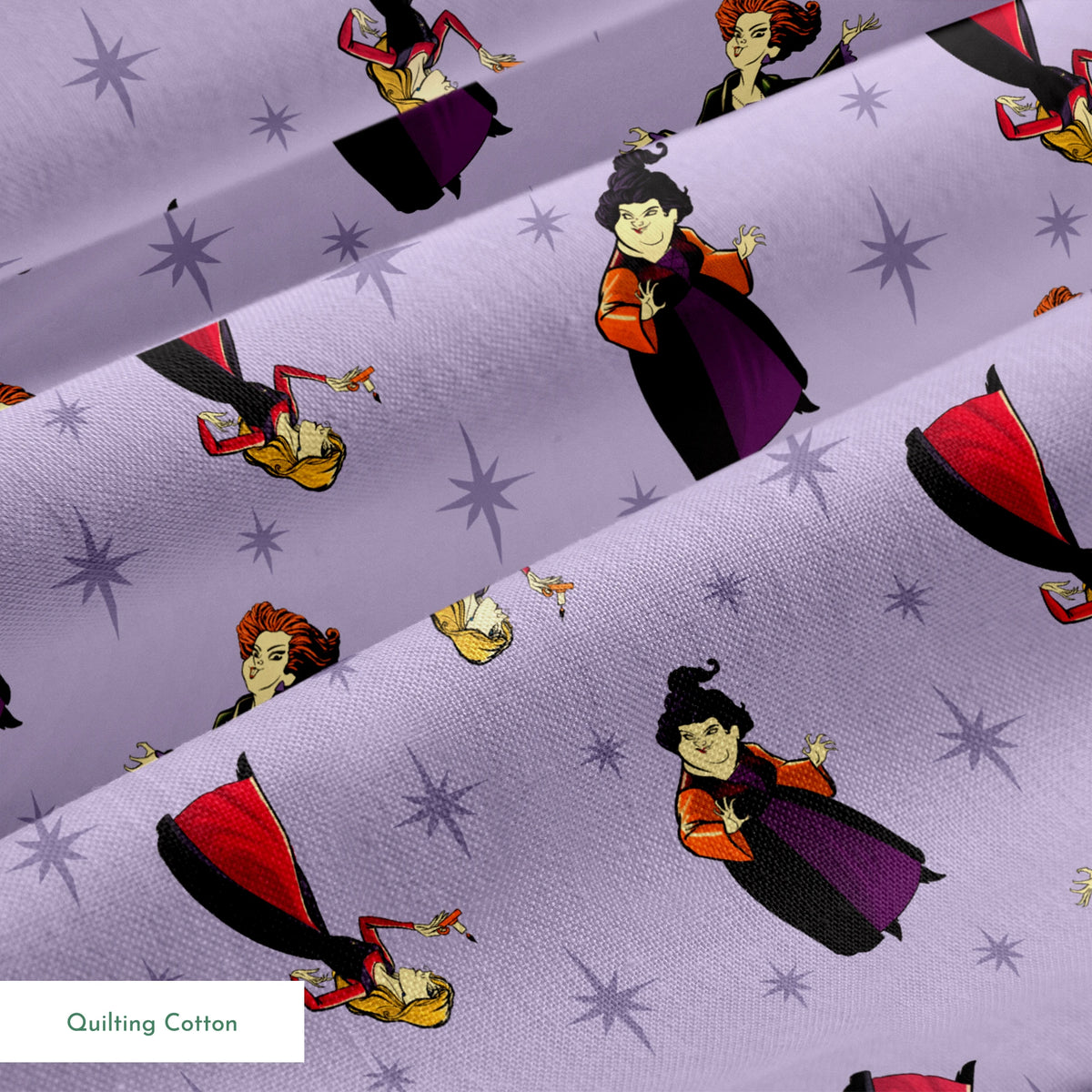 Purple background with cartoon characters in flowing capes and dresses with stars pattern, repeating decorative design springs quiltingcotton texture