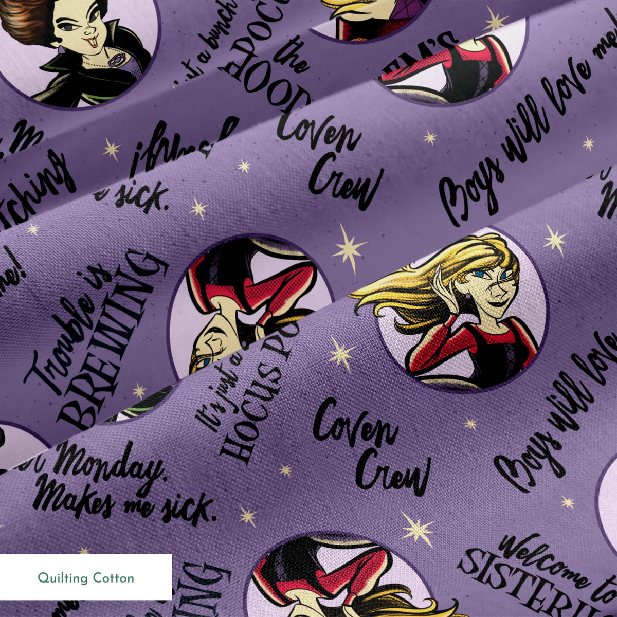 Purple background pattern with cartoon witches in circles, magical phrases and stars scattered throughout in black text springs quiltingcotton texture