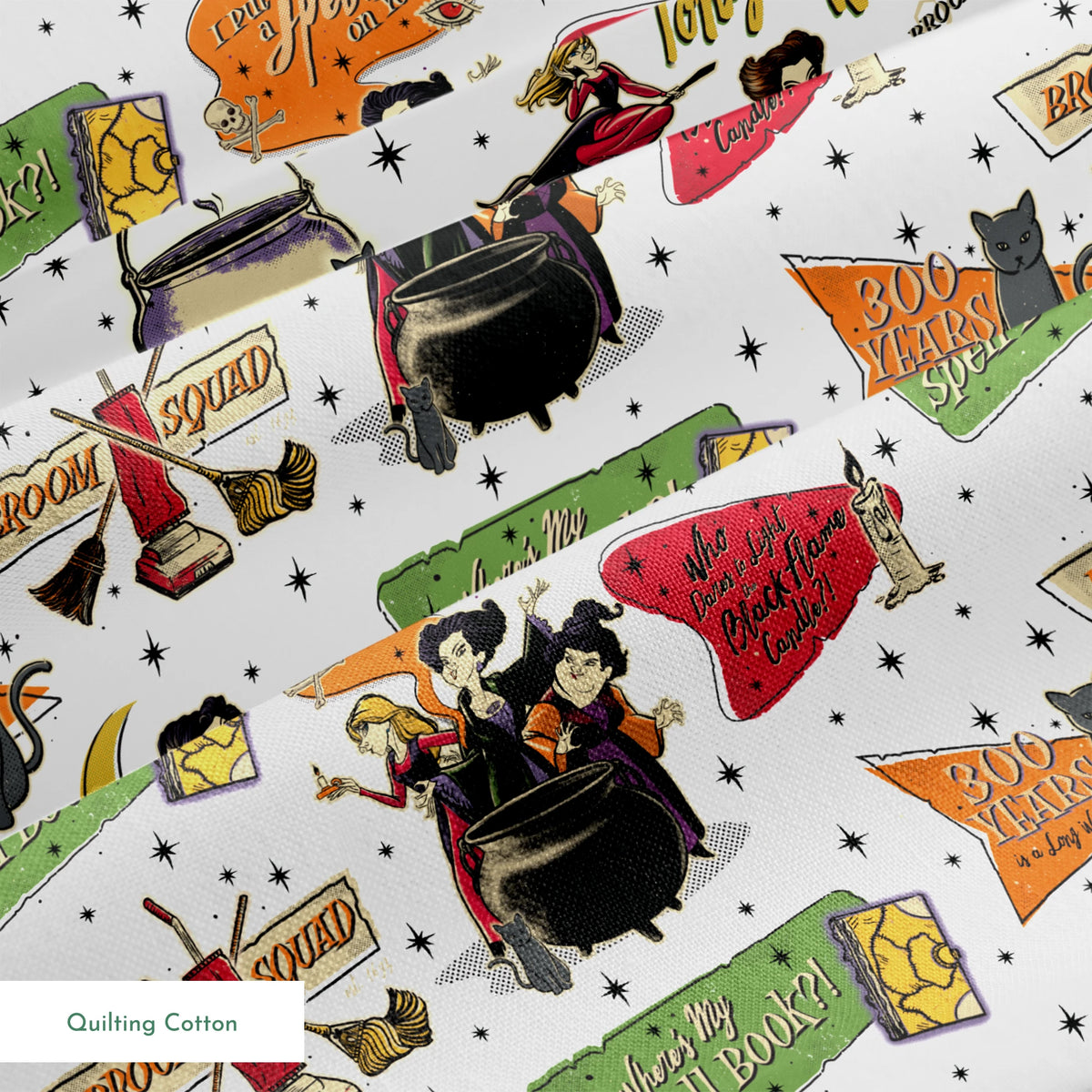 Halloween witch-themed pattern with spell books, cauldrons, brooms, stars, cats, potions and magical sayings on white background springs quiltingcotton texture