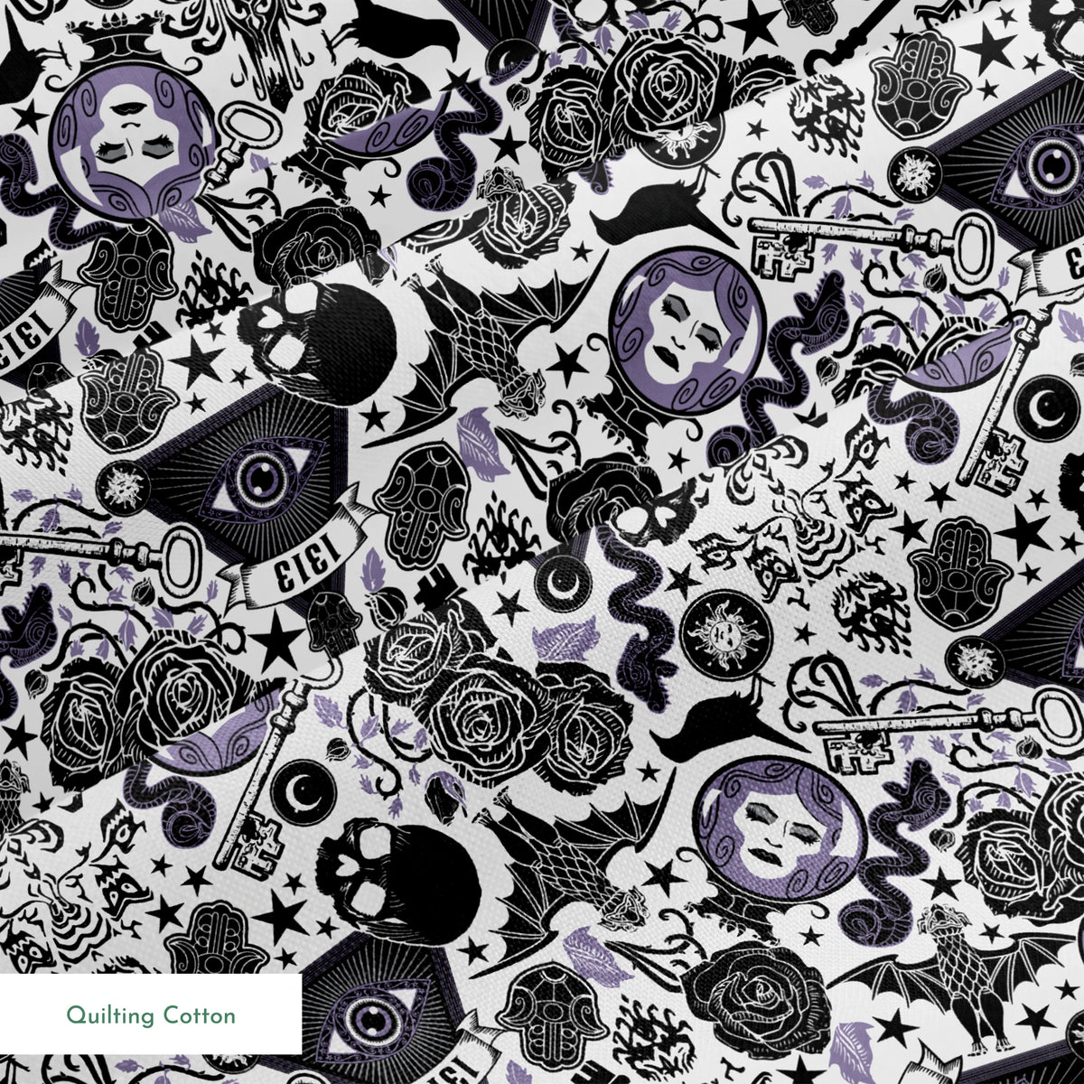 Gothic-inspired pattern with roses, medallions, ravens, and Victorian motifs in black and purple springs quiltingcotton texture