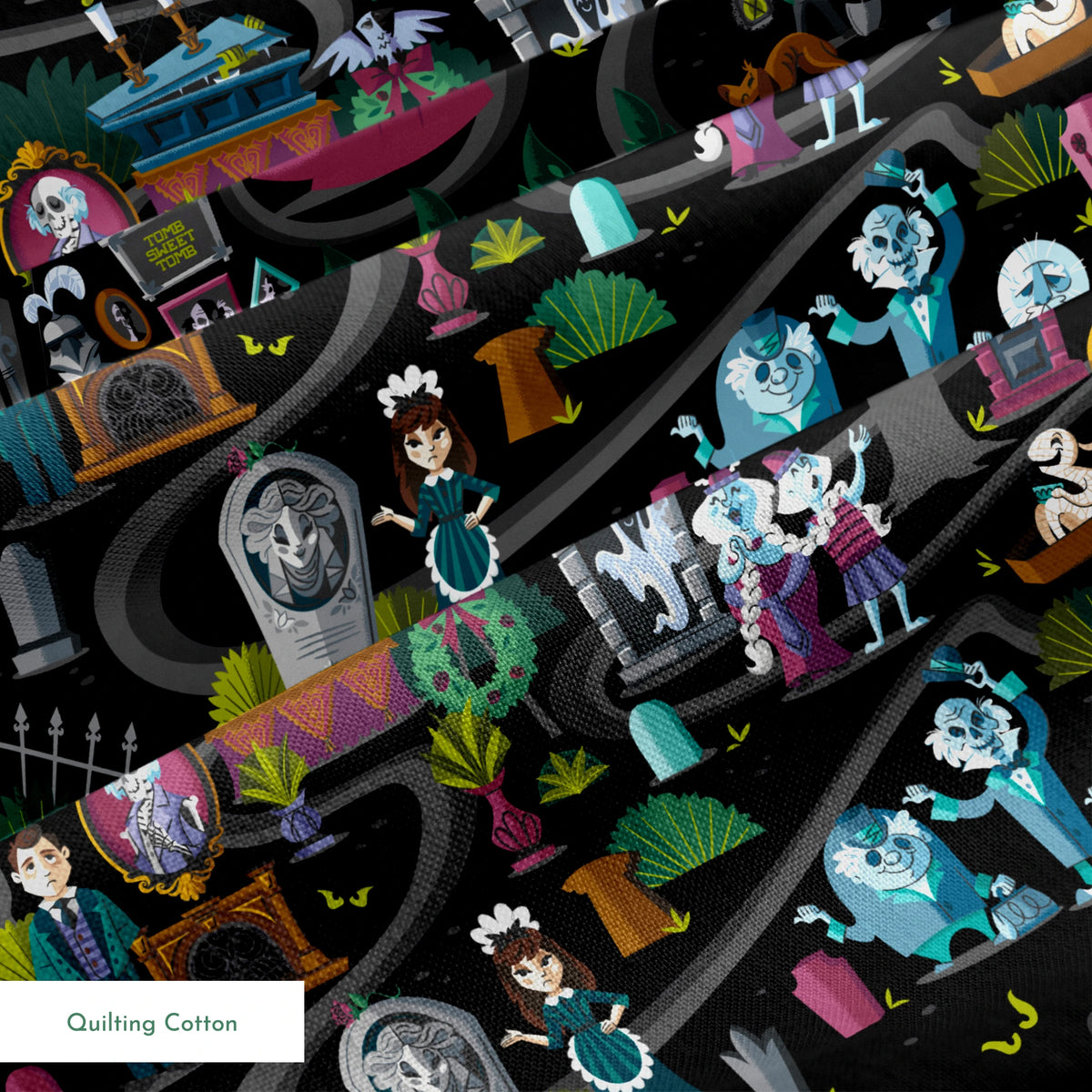 Dark background collage of colorful haunted house elements with ghosts, skeletons, potion bottles, and spooky characters in a whimsical pattern springs quiltingcotton texture