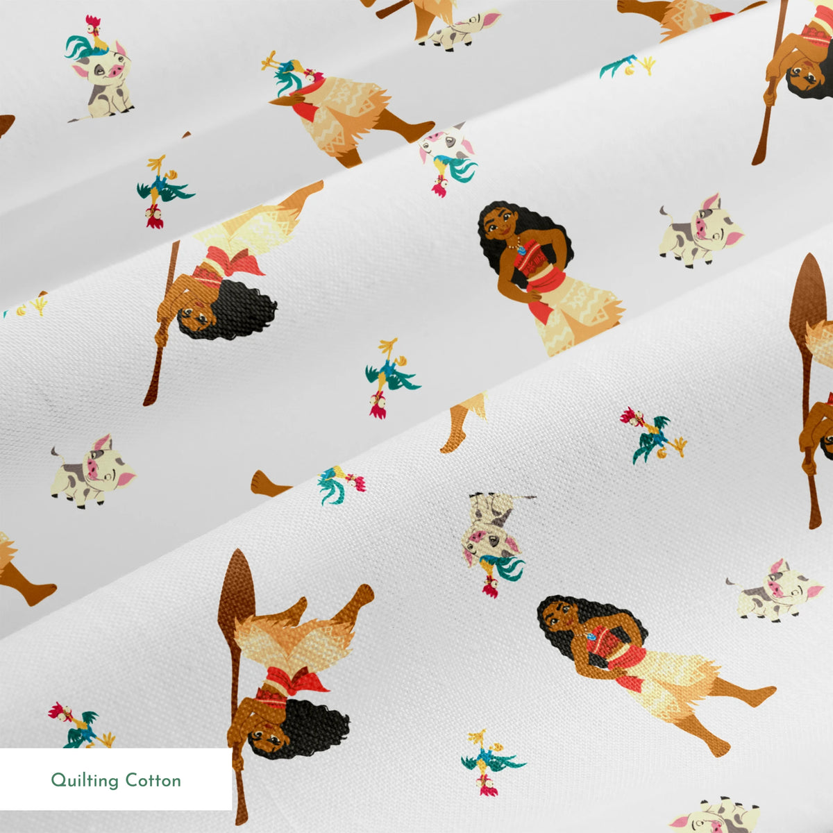 Moana pattern on white background with colorful cartoon animals in repeating design springs quiltingcotton texture