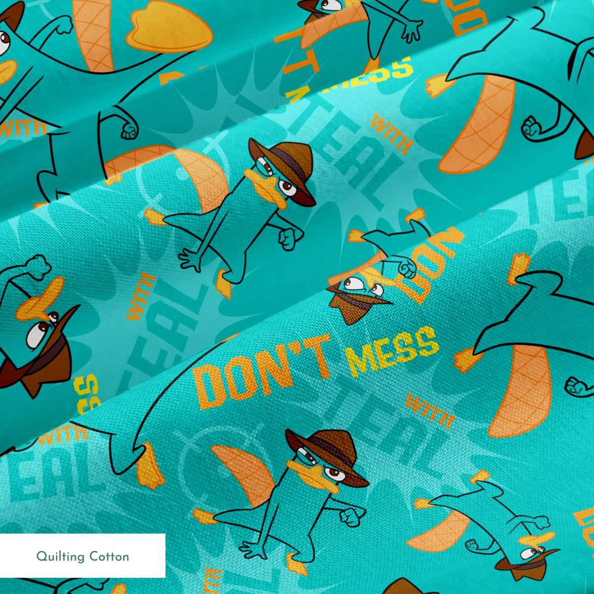 Cartoon pattern of platypus character in fedora hat with orange elements on teal background springs quiltingcotton texture