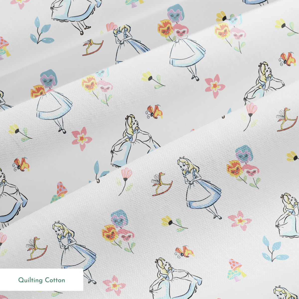 Whimsical pattern featuring character in blue dress with flowers, mushrooms, and rocking horse springs quiltingcotton texture