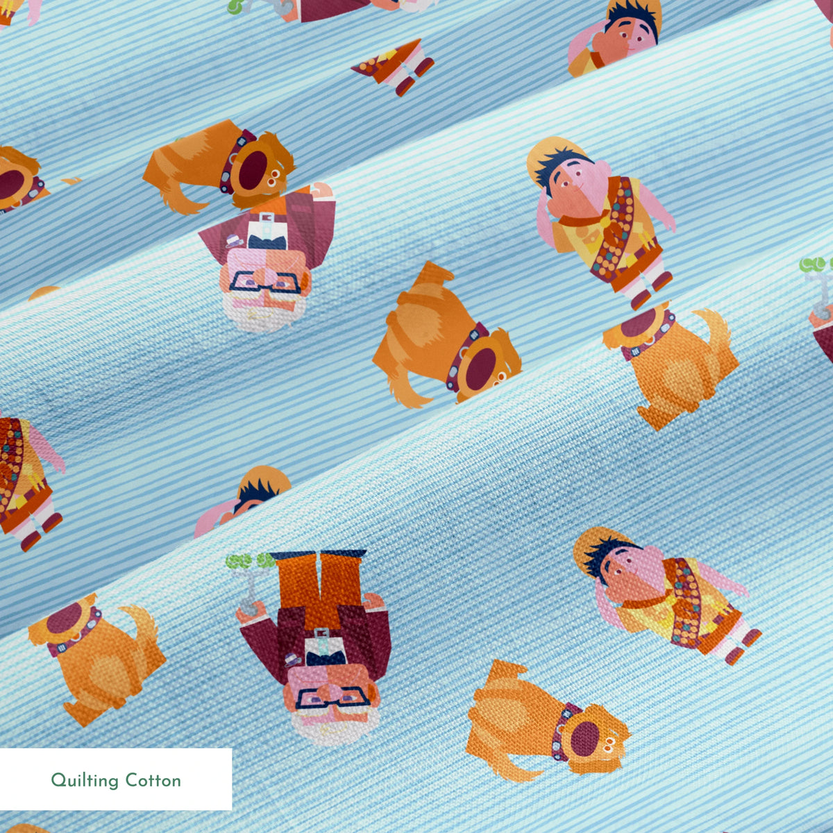 Cartoon characters from Up movie pattern on light blue striped background, featuring colorful illustrations springs quiltingcotton texture