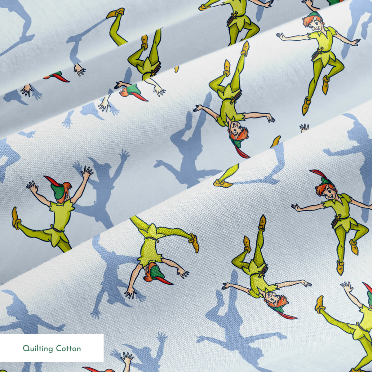 Colorful cartoon figures in bright green outfits with red accents dancing against a light blue background with shadows springs quiltingcotton texture