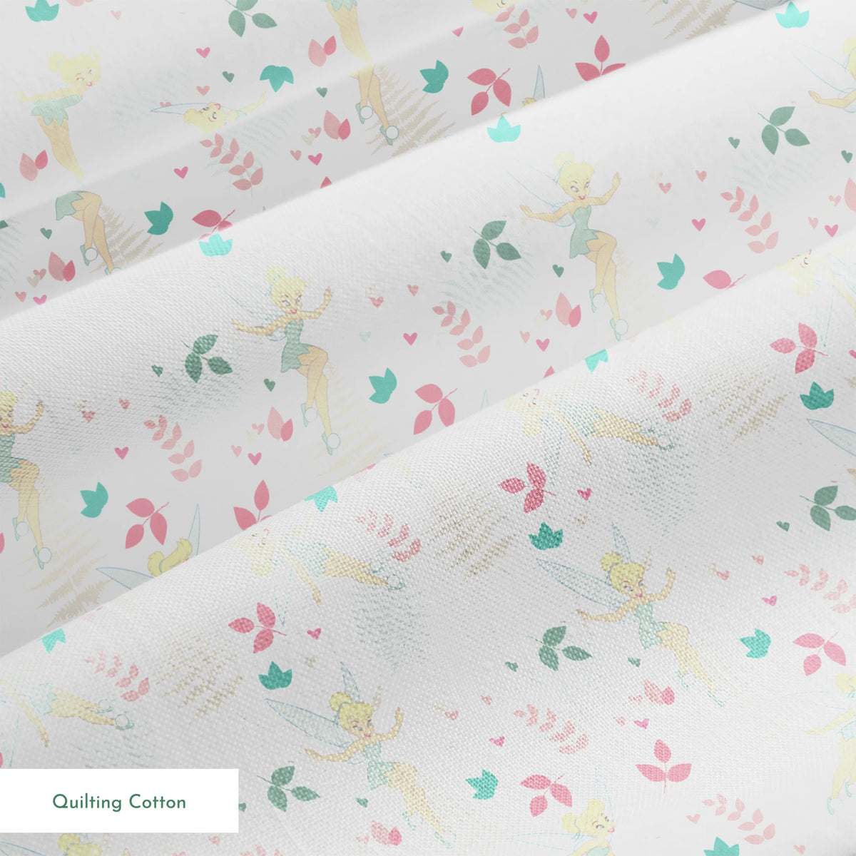Whimsical pattern with Tinker Bell, white ferns, pink and teal foliage on light background springs quiltingcotton texture