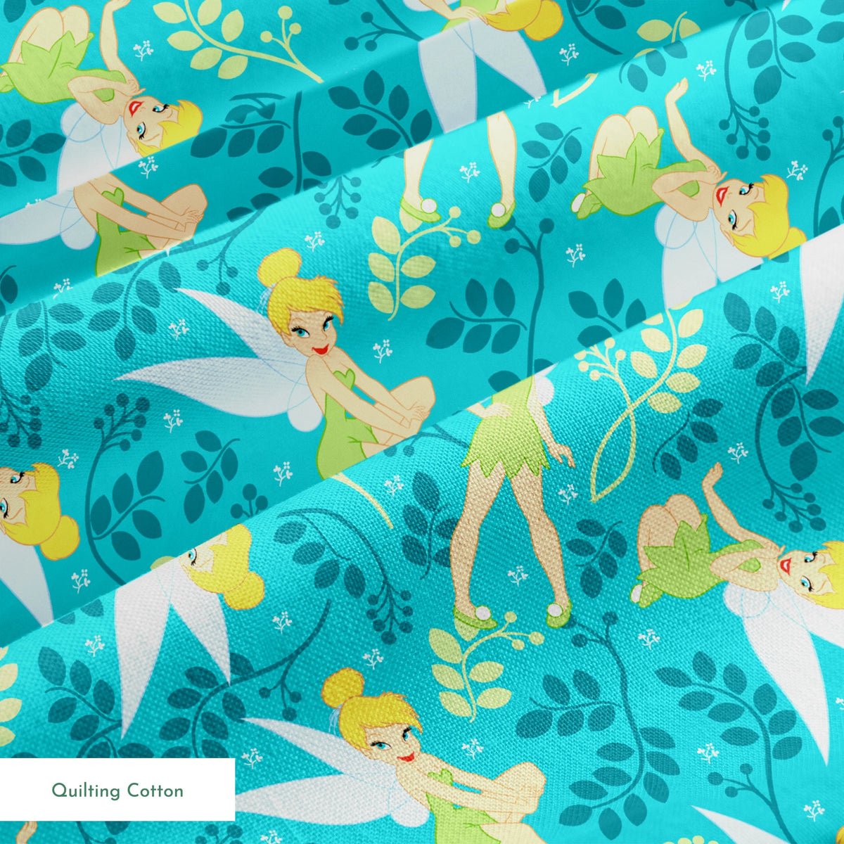 A whimsical pattern featuring Tinker Bell against a teal background with decorative green foliage and yellow accents. springs quiltingcotton texture
