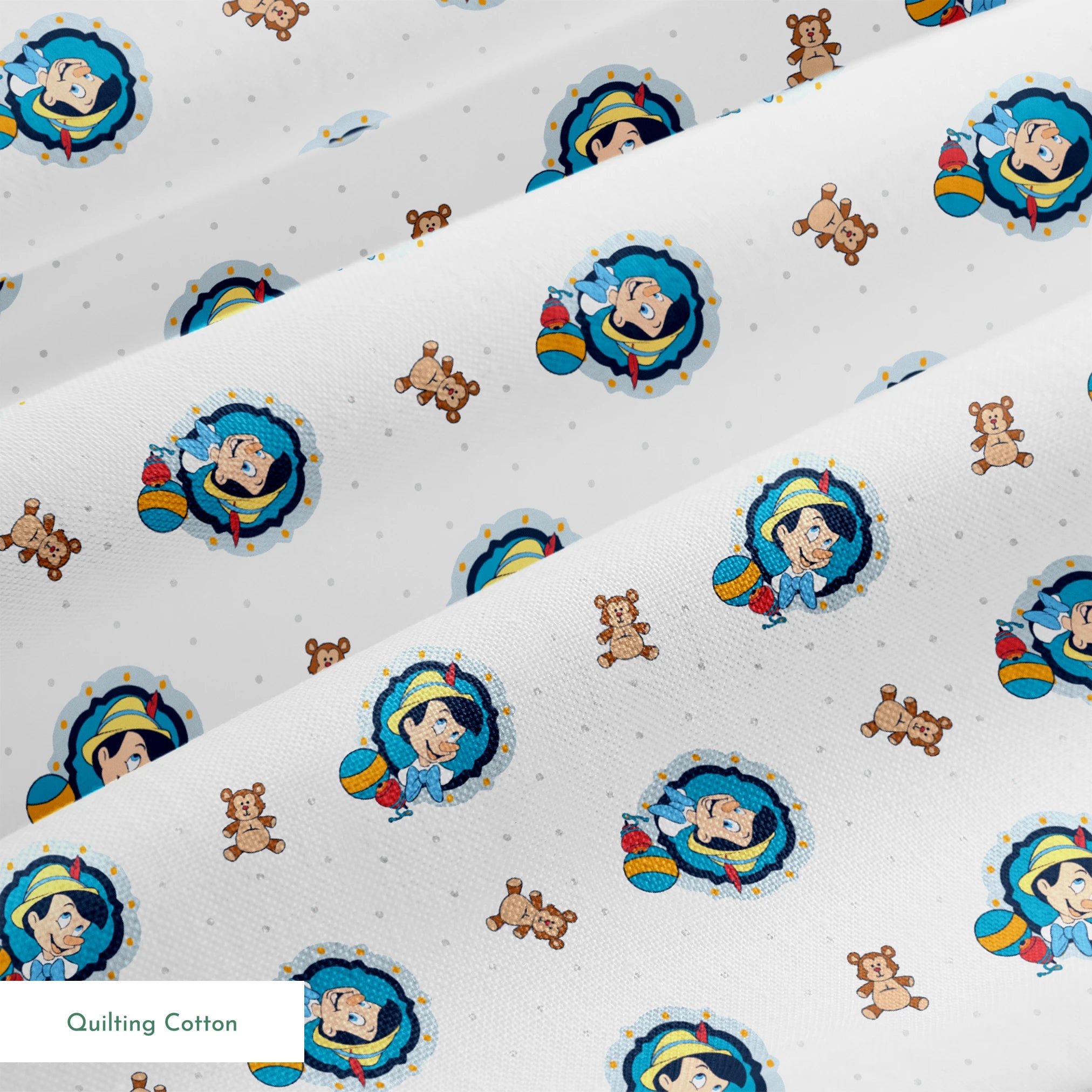 Repeating pattern of cartoon character in blue circle with teddy bears and colorful balls on light dotted background springs quiltingcotton texture