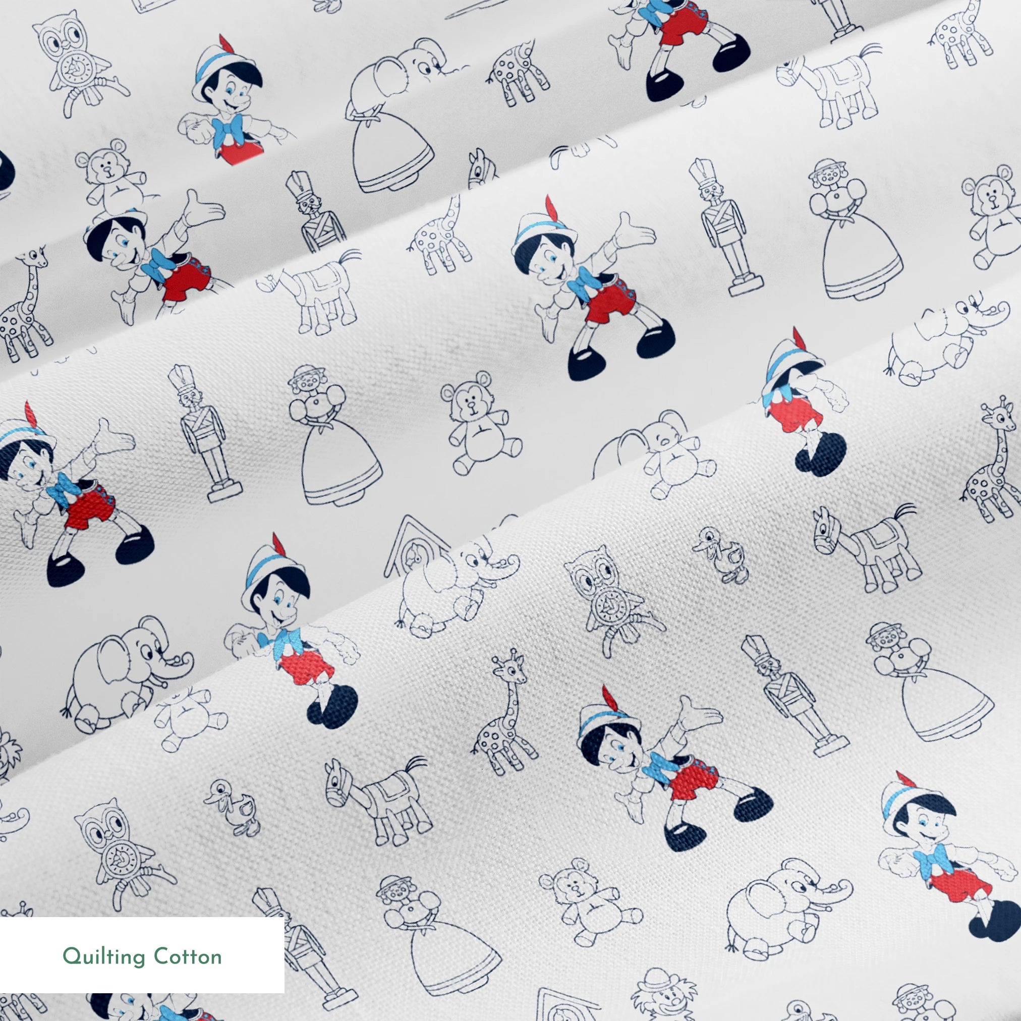 Pattern of vintage cartoon characters including Pinocchio and assorted animals on a light background with red and blue accents springs quiltingcotton texture