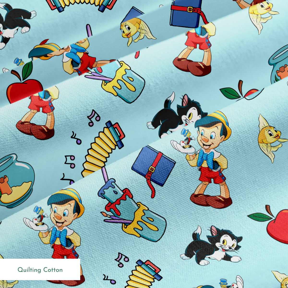 Cartoon pattern with wooden puppets, red apples, musical notes, goldfish bowls, cats, and books on light blue background springs quiltingcotton texture