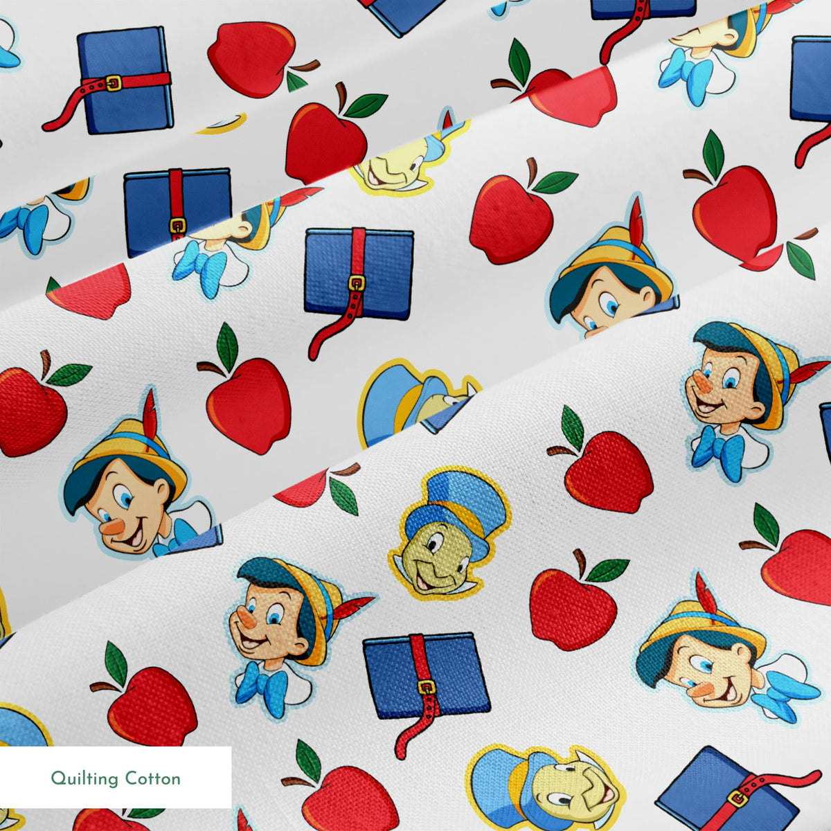 Pattern with cartoon character in pointed hat with blue bow, red apples, blue books with red straps, and yellow circular elements on white background springs quiltingcotton texture