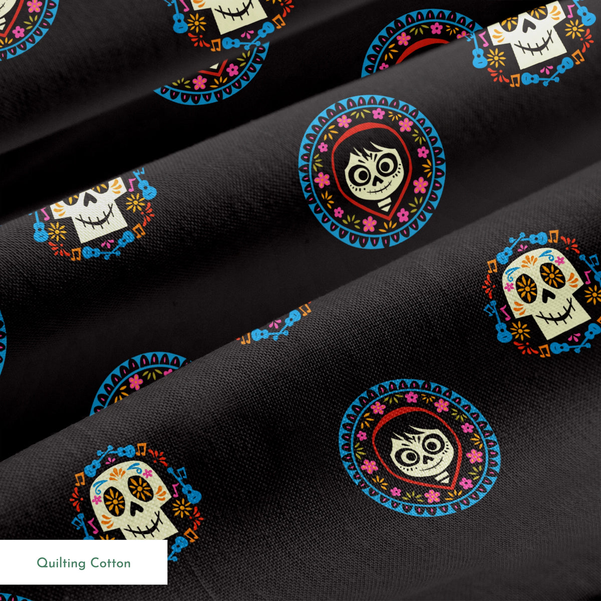 Colorful Coco sugar skull pattern with decorative circular borders on black background springs quiltingcotton texture