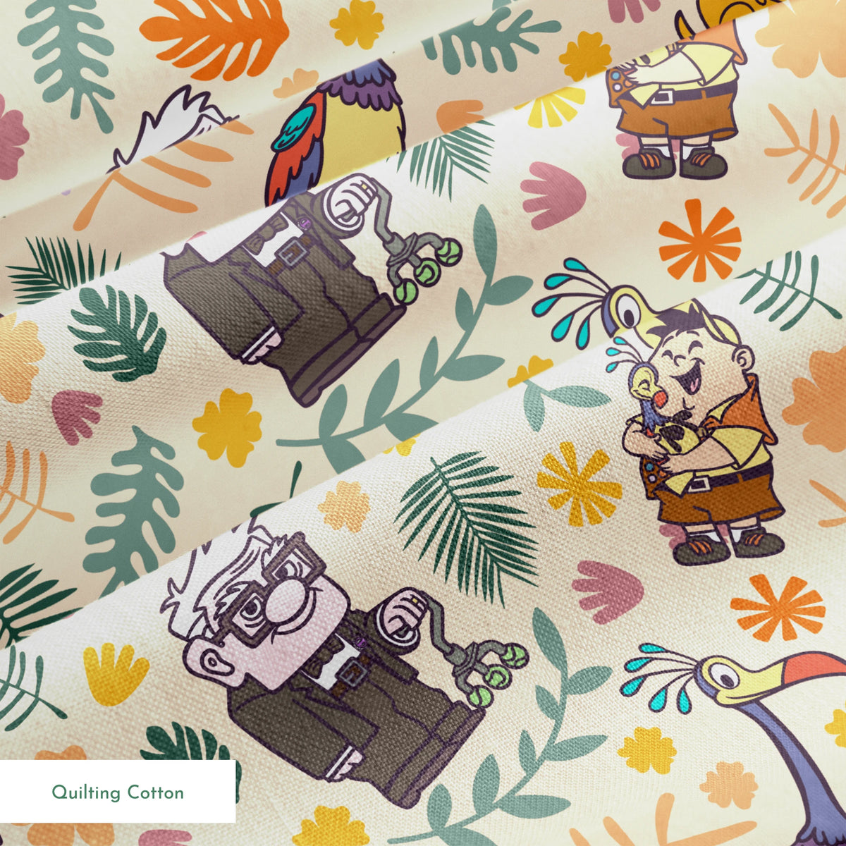 Whimsical cartoon pattern with colorful characters from Pixar's "Up" against floral background springs quiltingcotton texture