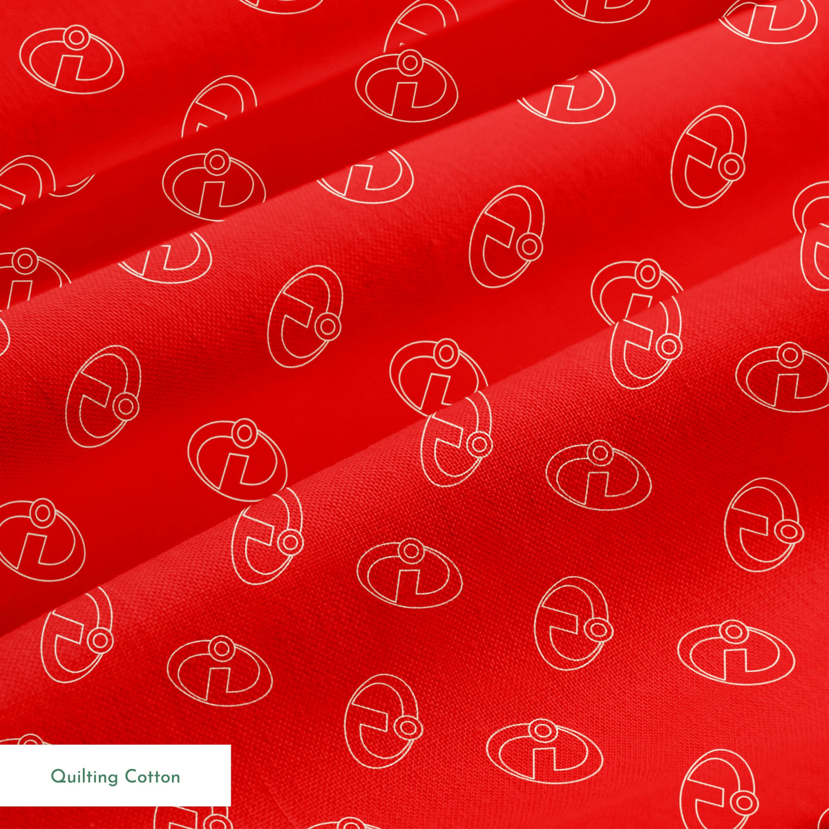 Red background with The Incredibles logos in a repeating pattern springs quiltingcotton texture