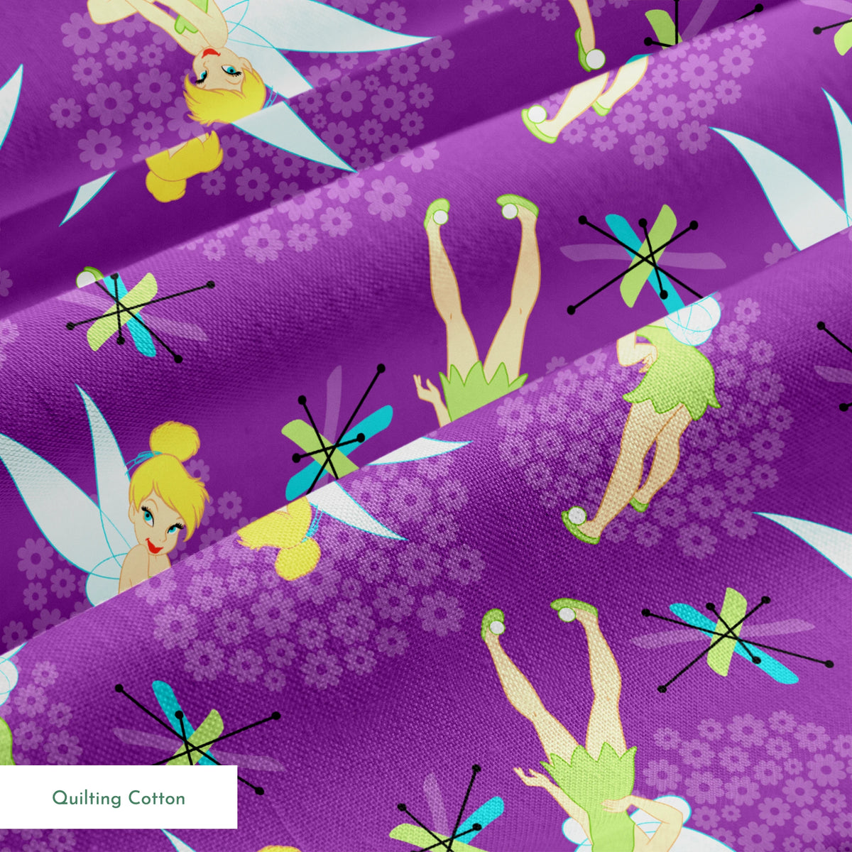 Repeating Tinker Bell pattern in green dresses on purple background springs quiltingcotton texture