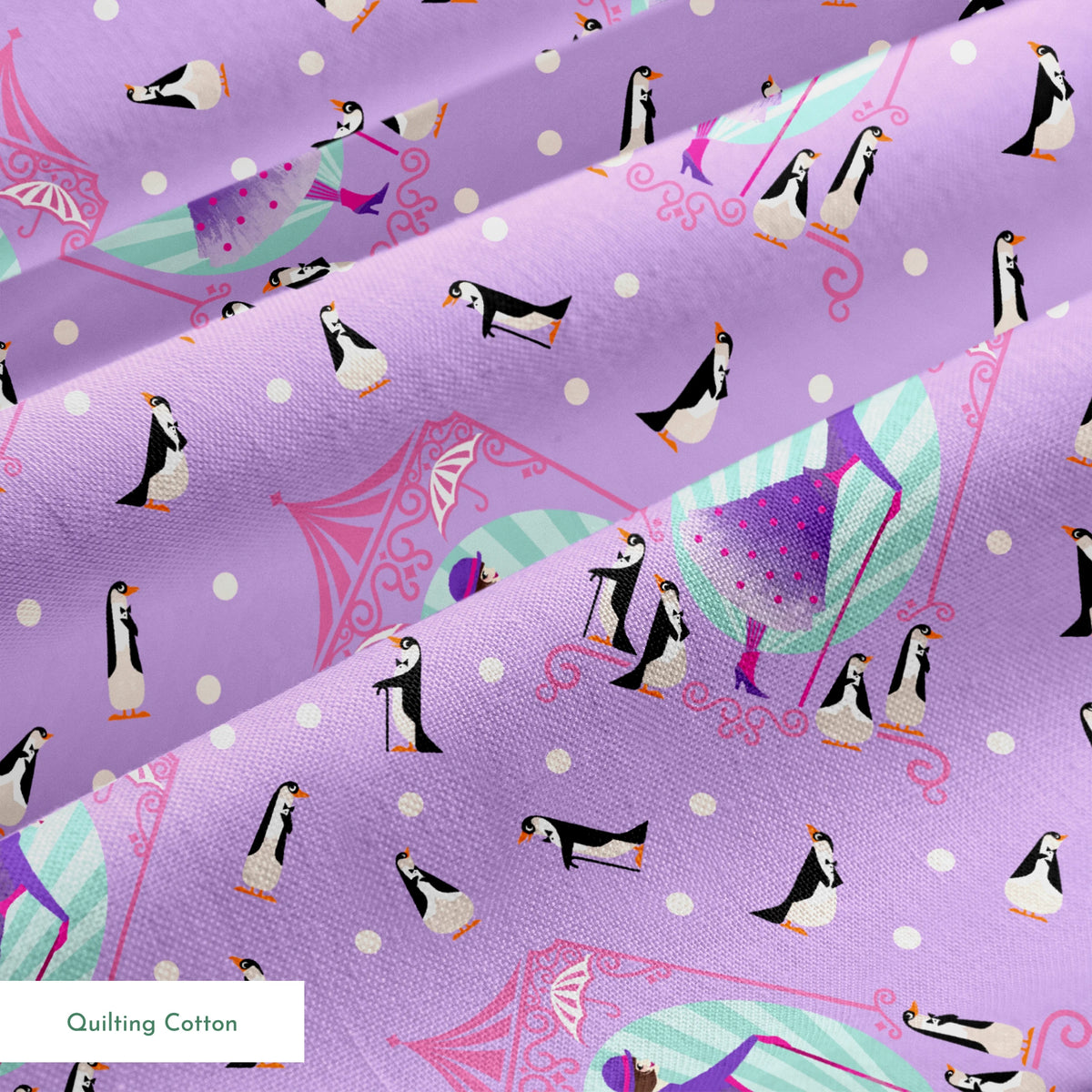Playful pattern of penguins, Mary Poppins, and purple umbrellas on lavender background with white polka dots springs quiltingcotton texture