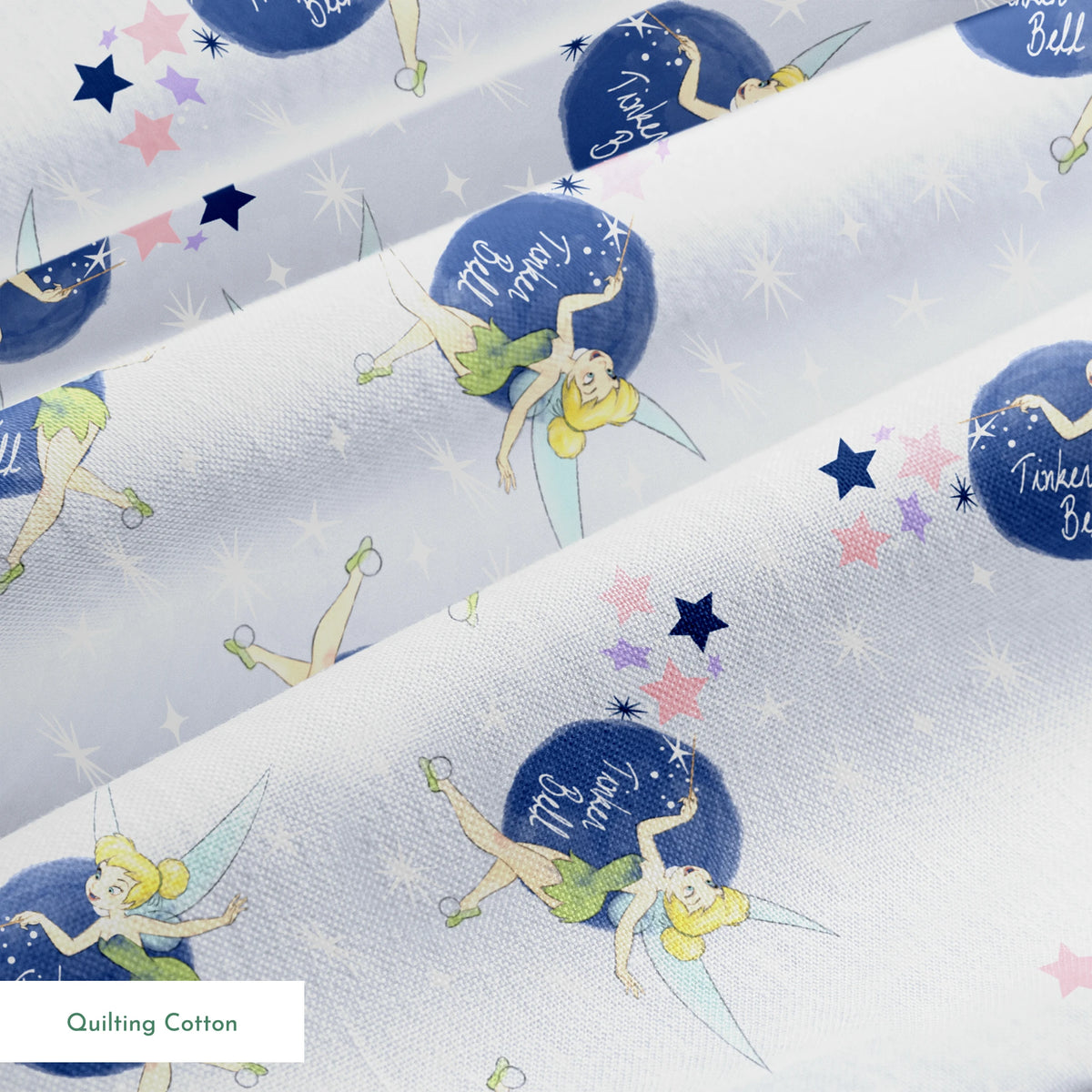 Tinker Bell pattern with the iconic fairy flying around blue moons and stars on a light gray background springs quiltingcotton texture