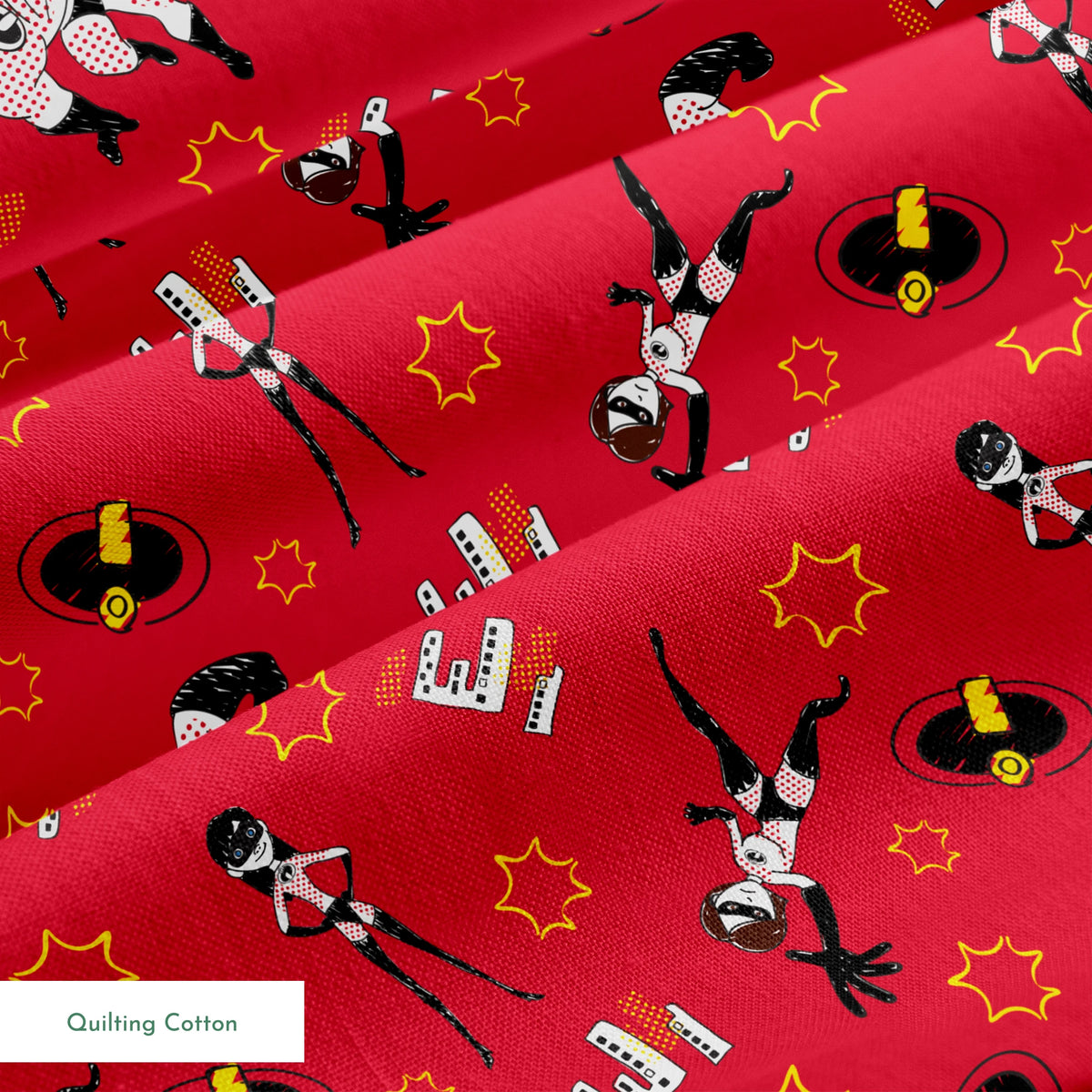 Red background pattern with The Incredibles, yellow stars, and comic book style graphic elements springs quiltingcotton texture