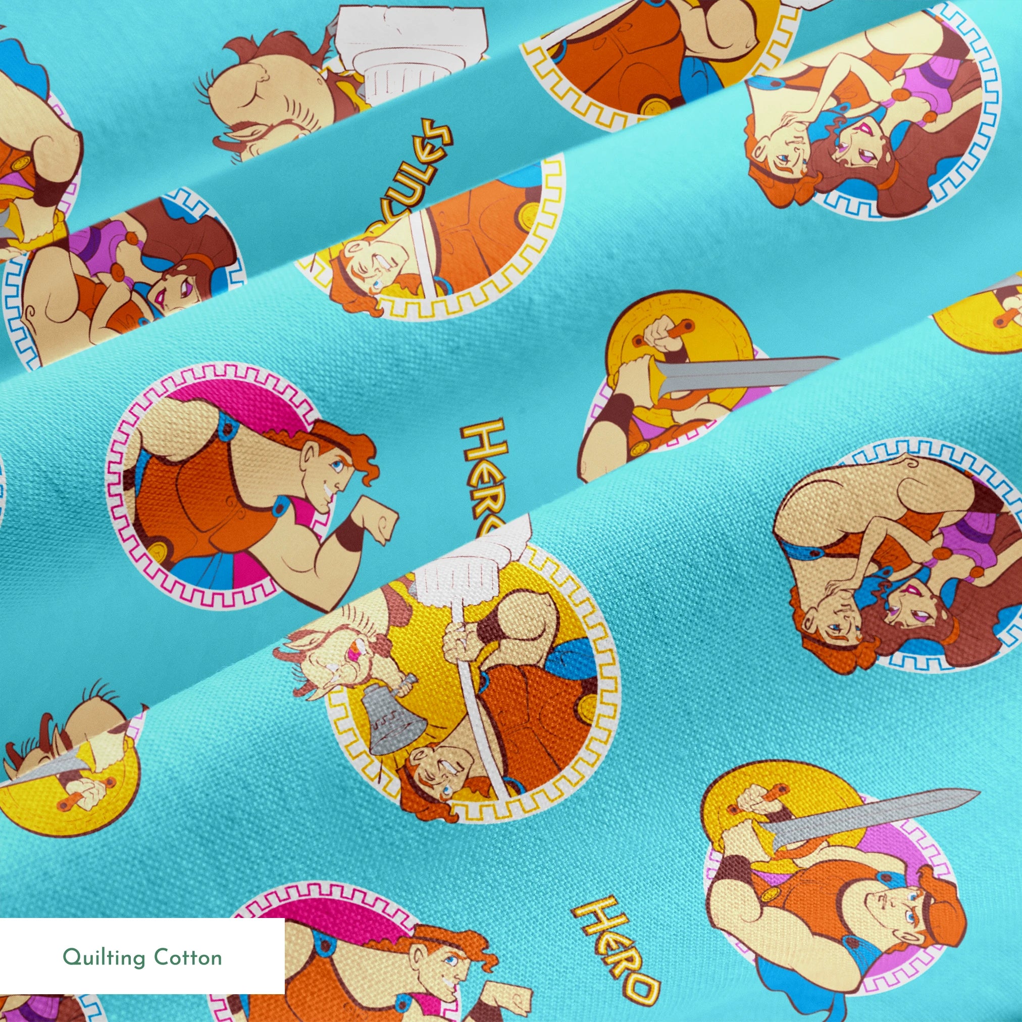 Cartoon characters from Hercules arranged in circular patterns on light blue background springs quiltingcotton texture