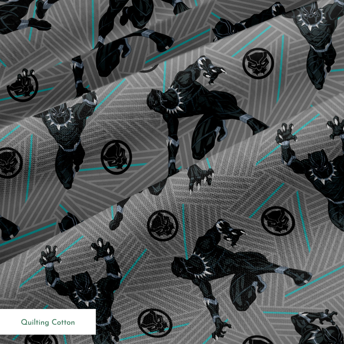 Black superhero figure in dynamic poses against gray geometric background with teal accents and circular emblems springs quiltingcotton texture
