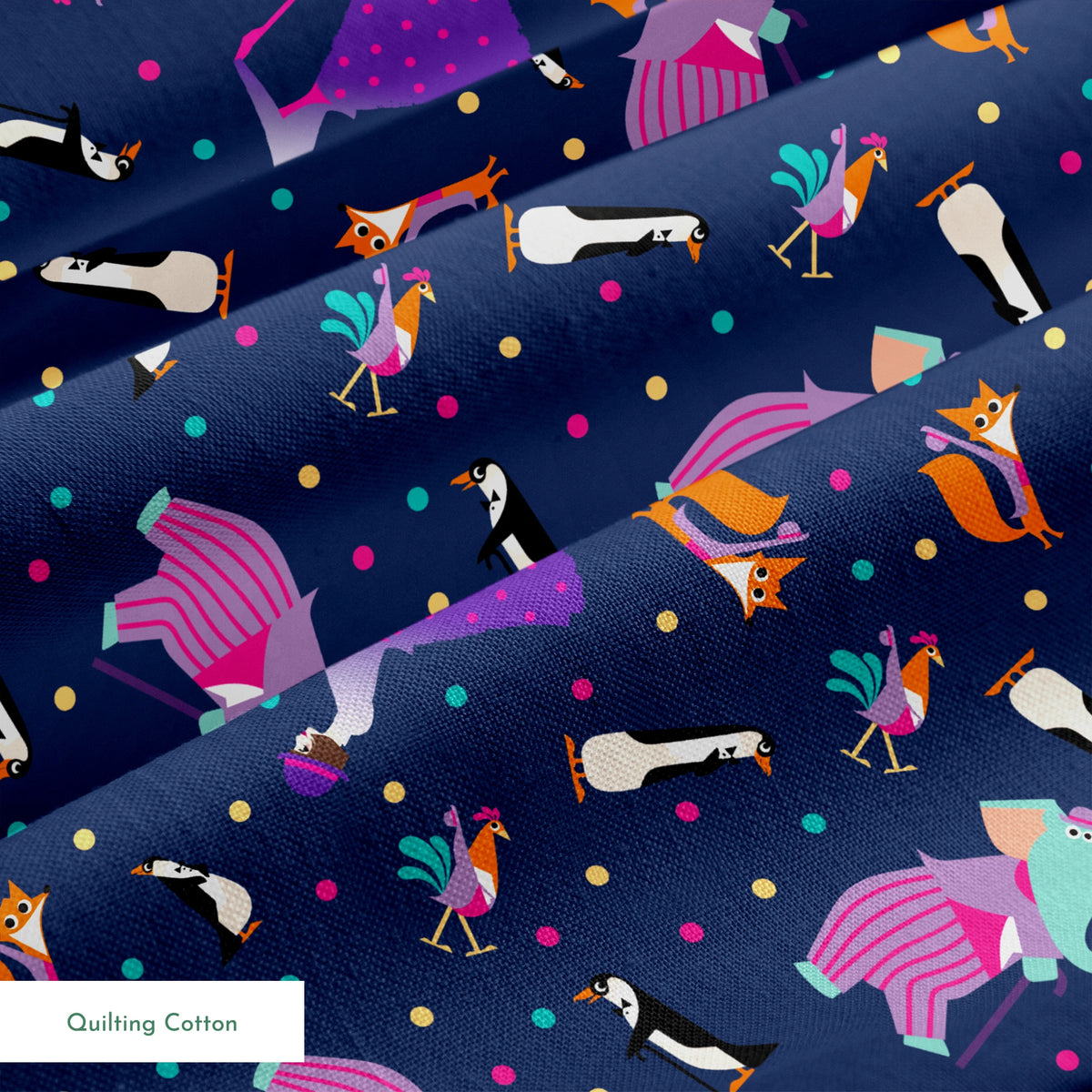 Colorful Mary Poppins pattern of whimsical animals including foxes and birds on a dark blue background with polka dots springs quiltingcotton texture